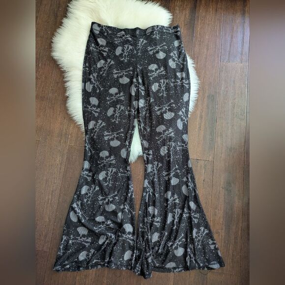 Killstar Pants - Killstar XXL Sheer Black Gray Skull Cross bones Print Flare Bell Bottoms Pants